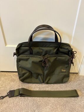 Filson Green Briefcase with Brown Leather Handles and Removable Strap